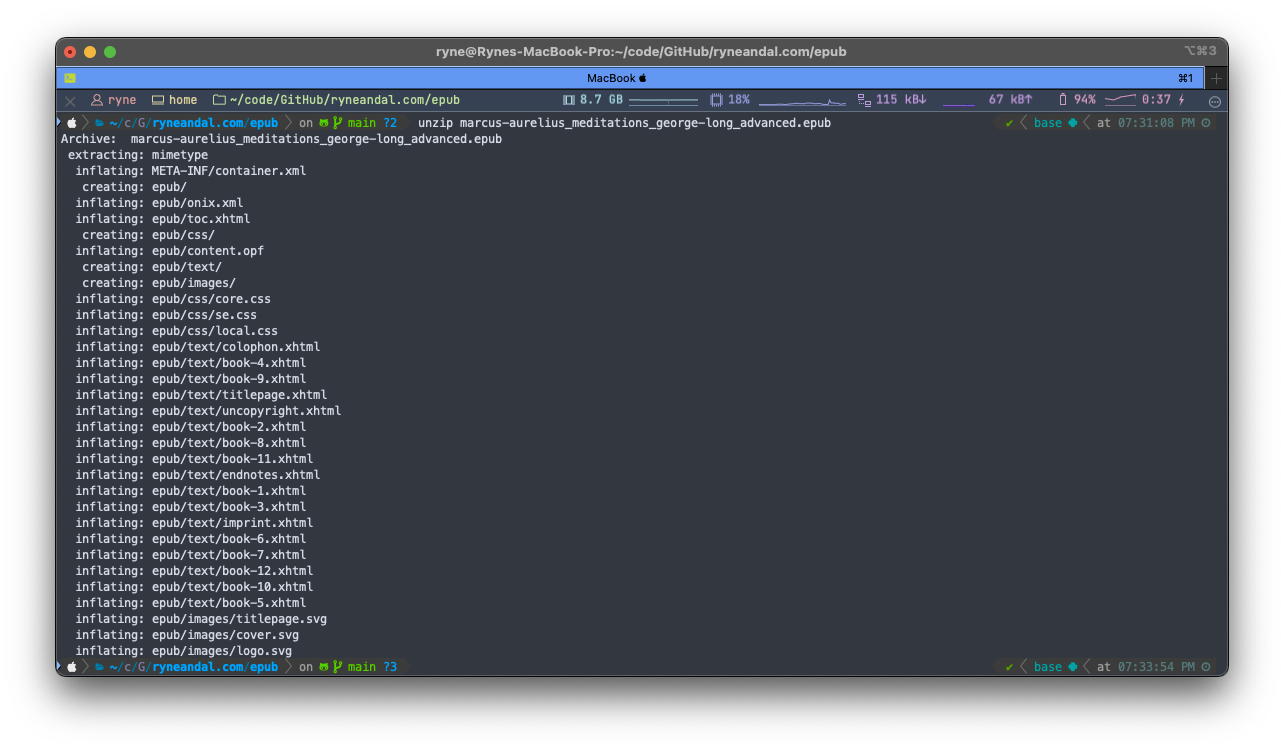 Terminal showing EPUB being unpacked via unzip command